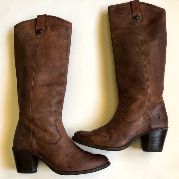 Frye Brown Leather Jackie Heeled High Knee Boots - Picture 1 of 16